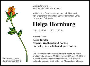 Traueranzeige von Helga Hornburg von Mecklenburger Schweiz