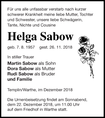 Traueranzeige von Helga Sabow von Templiner Zeitung