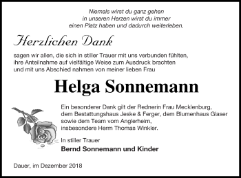 Traueranzeige von Helga Sonnemann von Prenzlauer Zeitung