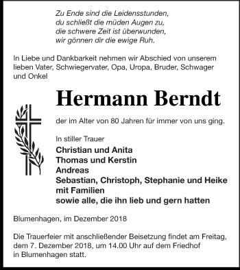 Traueranzeige von Hermann Berndt von Pasewalker Zeitung