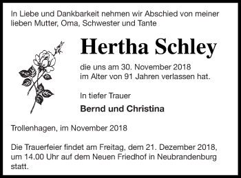 Traueranzeige von Hertha Schley von Neubrandenburger Zeitung