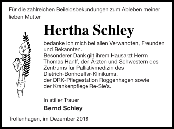 Traueranzeige von Hertha Schley von Neubrandenburger Zeitung