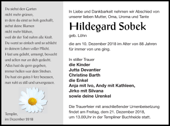 Traueranzeige von Hildegard Sobek von Templiner Zeitung