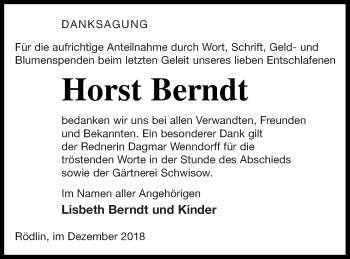 Traueranzeige von Horst Berndt von Strelitzer Zeitung