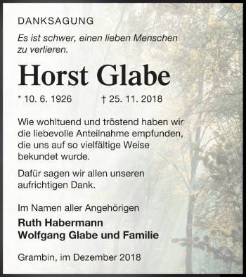 Traueranzeige von Horst Glabe von Haff-Zeitung