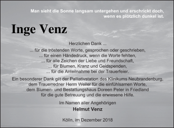 Traueranzeige von Inge Venz von Neubrandenburger Zeitung