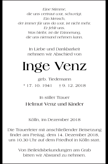 Traueranzeige von Inge Venz von Neubrandenburger Zeitung