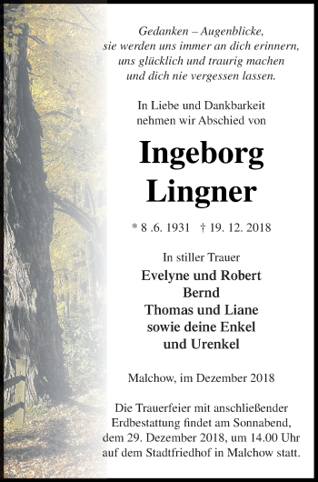 Traueranzeige von Ingeborg Lingner von Müritz-Zeitung