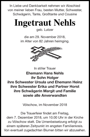 Traueranzeige von Ingetraut Nehls von Vorpommern Kurier