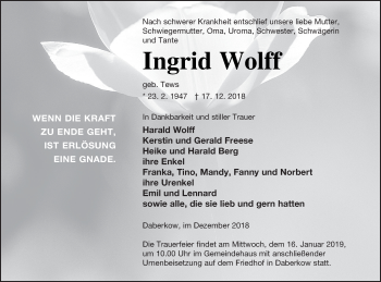 Traueranzeige von Ingrid Wolff von Vorpommern Kurier