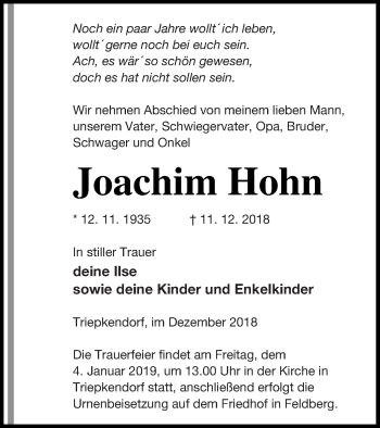 Traueranzeige von Joachim Hohn von Strelitzer Zeitung