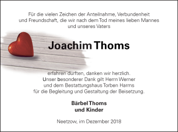 Traueranzeige von Joachim Thoms von Vorpommern Kurier