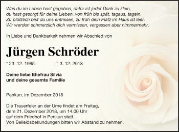 Traueranzeige von Jürgen Schröder von Pasewalker Zeitung