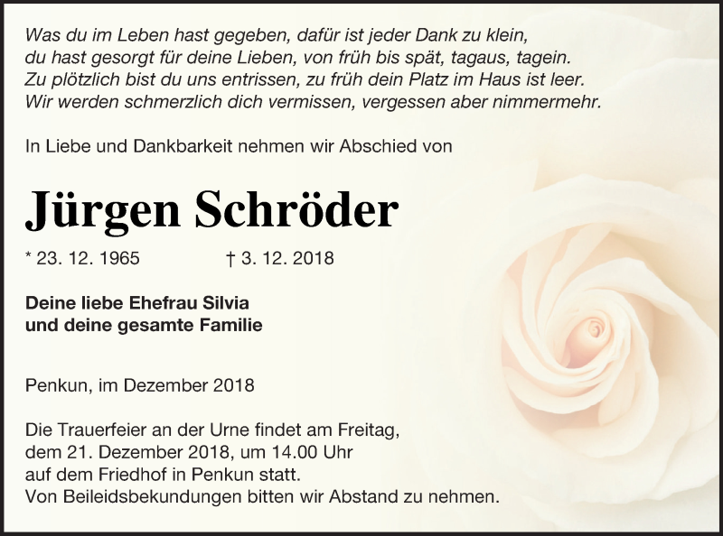  Traueranzeige für Jürgen Schröder vom 07.12.2018 aus Pasewalker Zeitung