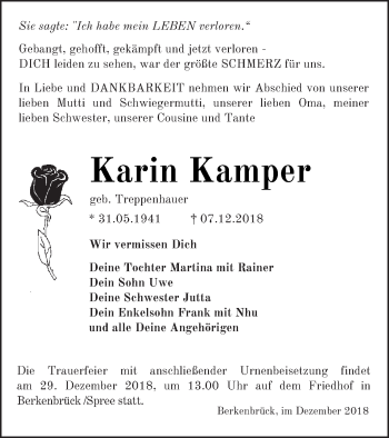 Traueranzeige von Karin Kamper von Prenzlauer Zeitung