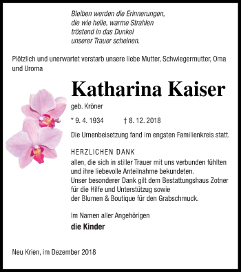 Traueranzeige von Katharina Kaiser von Vorpommern Kurier