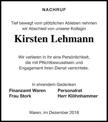 Traueranzeige von Kirsten Lehmann von Müritz-Zeitung