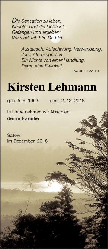 Traueranzeige von Kirsten Lehmann von Müritz-Zeitung