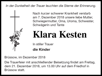 Traueranzeige von Klara Kesten von Prenzlauer Zeitung