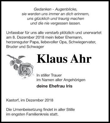 Traueranzeige von Klaus Ahr von Neubrandenburger Zeitung