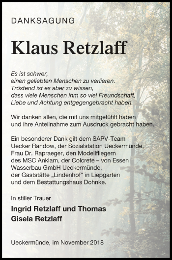 Traueranzeige von Klaus Retzlaff von Haff-Zeitung