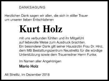 Traueranzeige von Kurt Holz von Strelitzer Zeitung