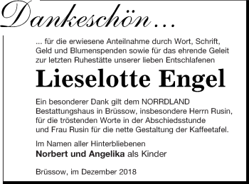 Traueranzeige von Lieselotte Engel von Prenzlauer Zeitung