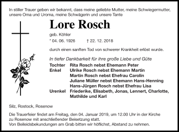 Traueranzeige von Lore Rosch von Müritz-Zeitung