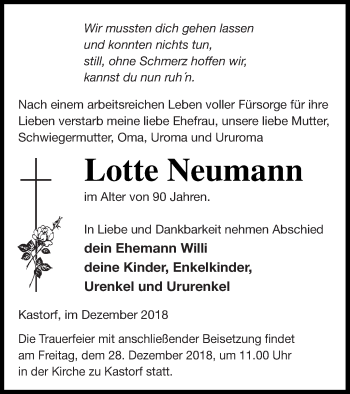 Traueranzeige von Lotte Neumann von Neubrandenburger Zeitung