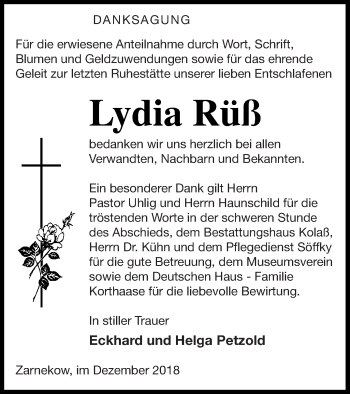 Traueranzeige von Lydia Rüß von Mecklenburger Schweiz