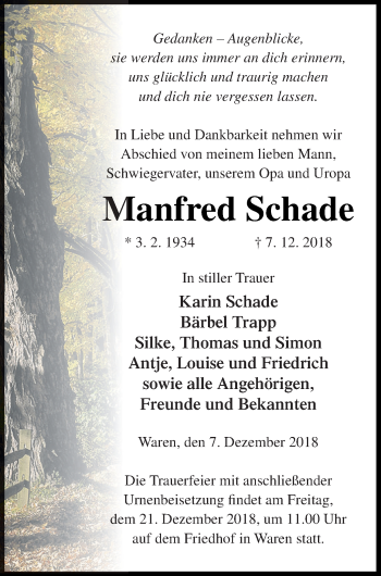 Traueranzeige von Manfred Schade von Müritz-Zeitung