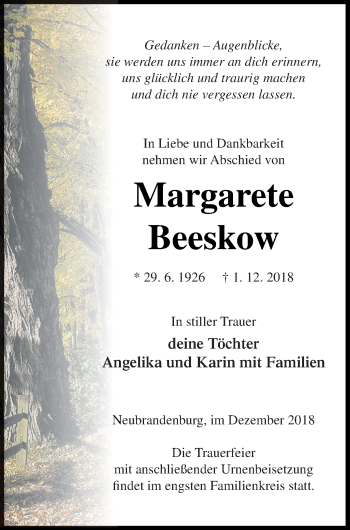 Traueranzeige von Margarete Beeskow von Neubrandenburger Zeitung