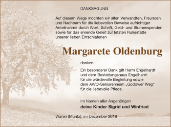 Traueranzeige von Margarete Oldenburg von Müritz-Zeitung