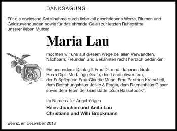 Traueranzeige von Maria Lau von Prenzlauer Zeitung