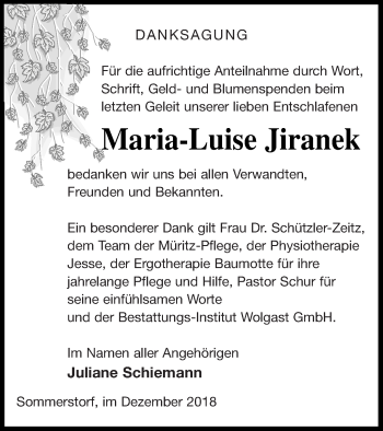 Traueranzeige von Maria-Luise Jiranek von Müritz-Zeitung