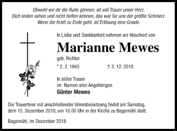 Traueranzeige von Marianne Mewes von Prenzlauer Zeitung