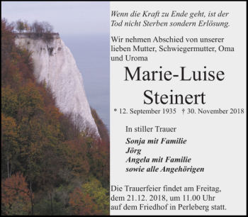 Traueranzeige von Marie-Luise Steinert von Der Prignitzer