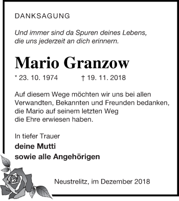 Traueranzeige von Mario Granzow von Strelitzer Zeitung