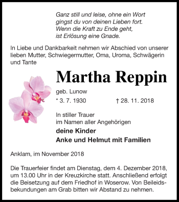 Traueranzeige von Martha Reppin von Vorpommern Kurier