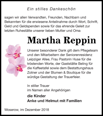 Traueranzeige von Martha Reppin von Vorpommern Kurier