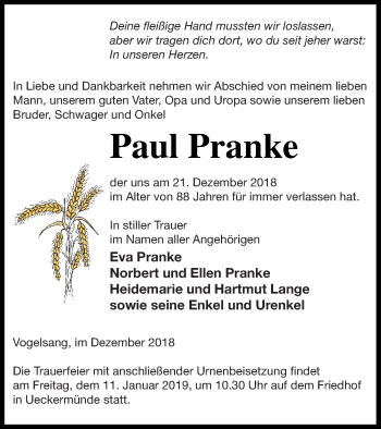 Traueranzeige von Paul Pranke von Haff-Zeitung