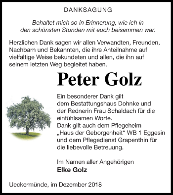 Traueranzeige von Peter Golz von Haff-Zeitung