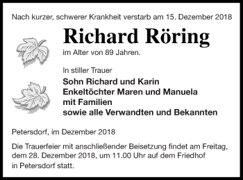 Traueranzeige von Richard Röring von Templiner Zeitung