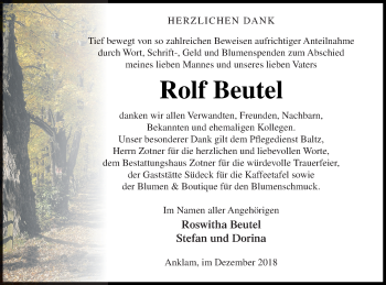 Traueranzeige von Rolf Beutel von Vorpommern Kurier