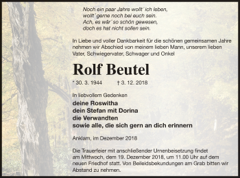 Traueranzeige von Rolf Beutel von Vorpommern Kurier