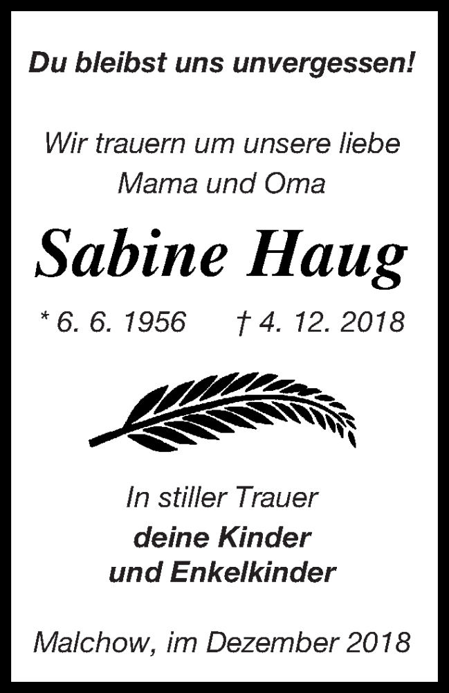  Traueranzeige für Sabine Haug vom 06.12.2018 aus Müritz-Zeitung