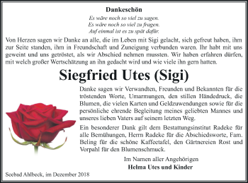 Traueranzeige von Siegfried Utes von Vorpommern Kurier