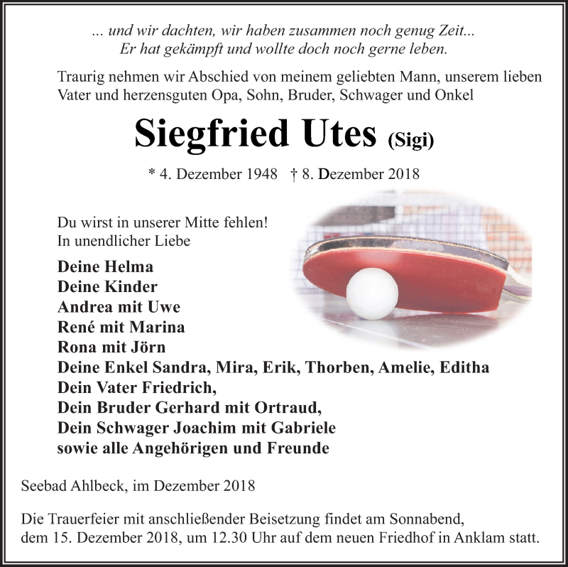  Traueranzeige für Siegfried Utes vom 12.12.2018 aus Vorpommern Kurier