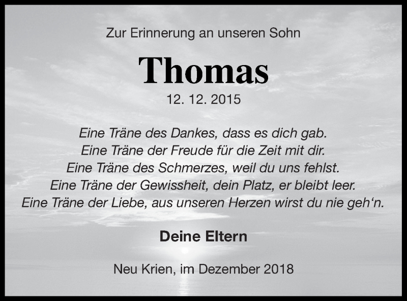  Traueranzeige für Thomas Gadow vom 12.12.2018 aus Vorpommern Kurier