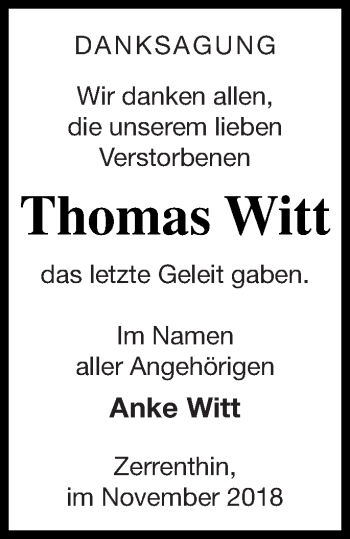 Traueranzeige von Thomas Witt von Pasewalker Zeitung